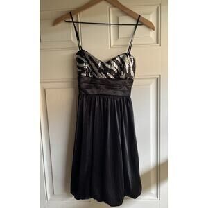 Y2K 2000s Formal Dress Small XS Black Sequin Mini Bubble Hem Short Fairy Prom